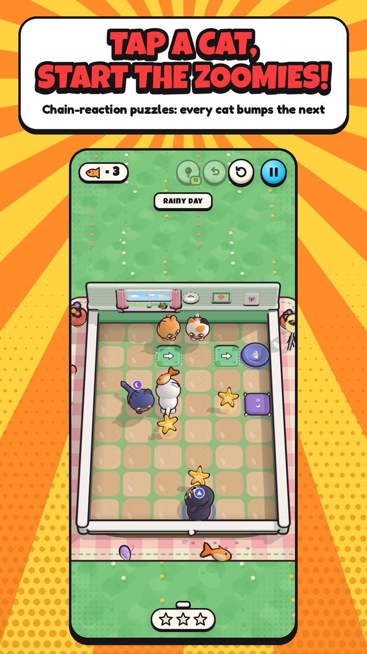 Store screenshot: "Tap a cat, start the zoomies!" A cat chain reaction in a puzzle room
