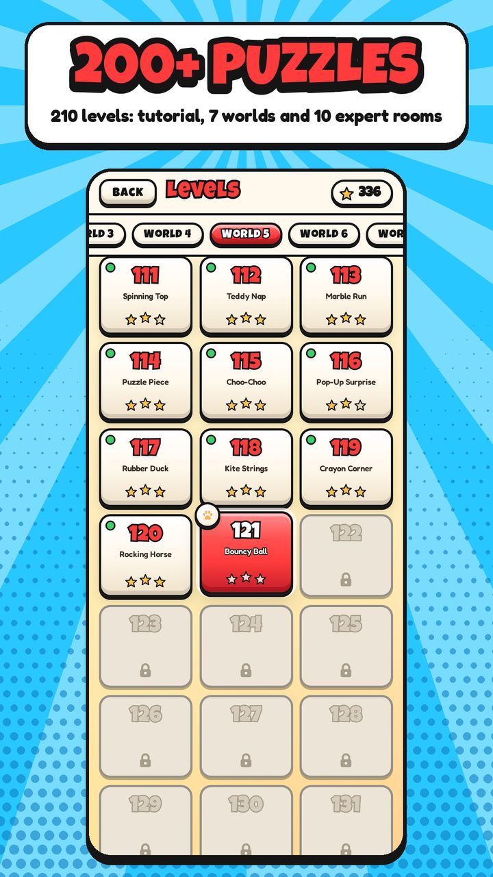 Store screenshot: "200+ puzzles", the level map (210 levels: tutorial, 7 worlds and 10 Expert rooms)