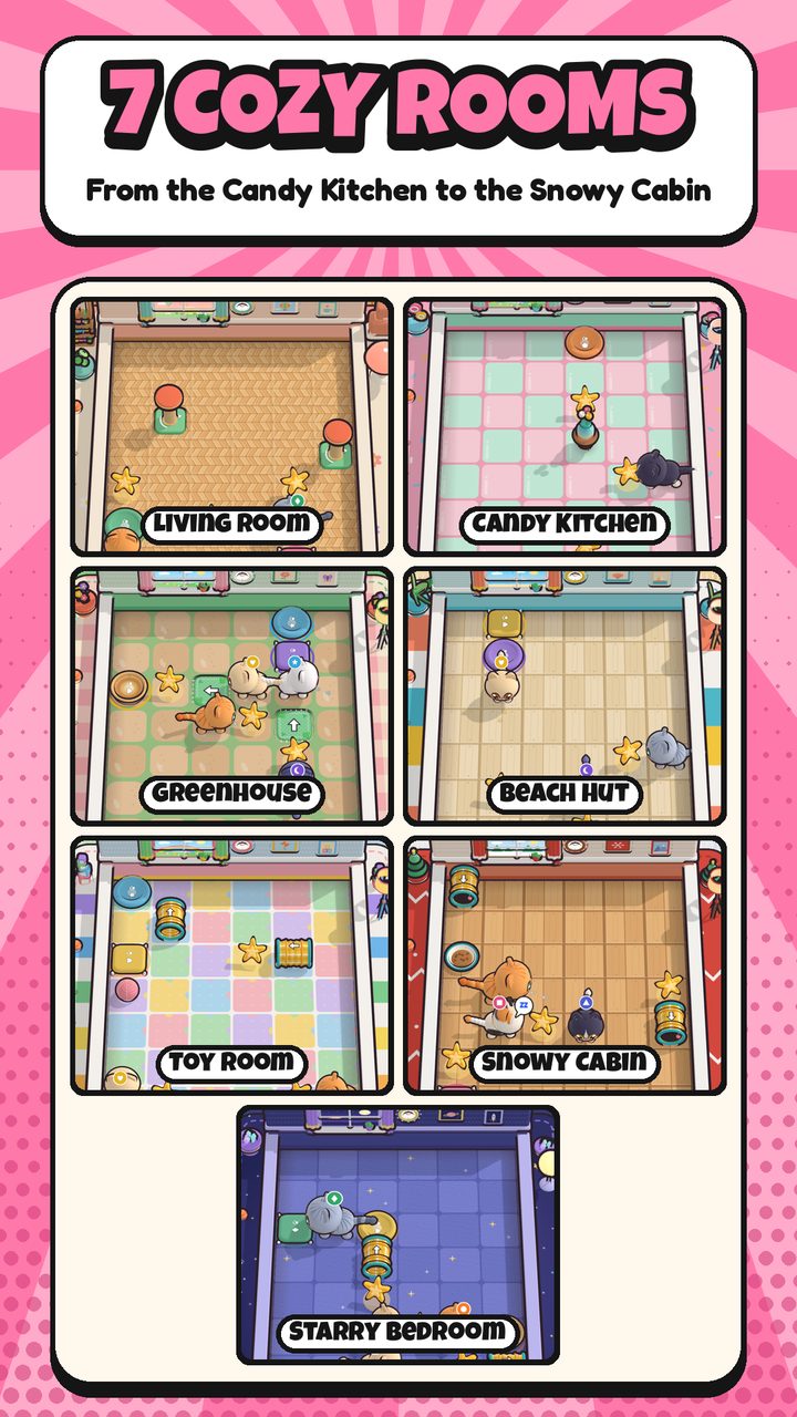 Store screenshot: "7 cozy rooms", from the Living Room and Candy Kitchen to the Snowy Cabin and Starry Bedroom