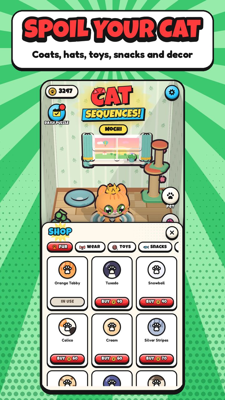 Store screenshot: "Spoil your cat", the shop with coats, hats, toys, snacks and decor
