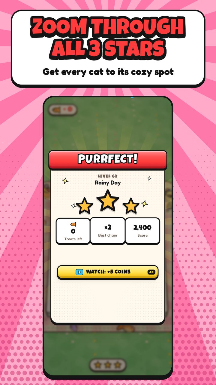 Store screenshot: "Zoom through all 3 stars", the PURRFECT win card