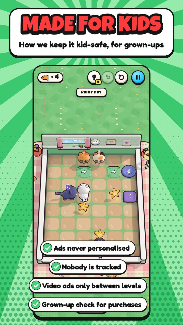 Store screenshot: "Made for kids": ads never personalised, nobody tracked, video ads only between levels, grown-up check for purchases